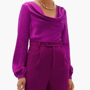 Rebecca De Ravenel fuchsia satin silk scoop neck blouse 0 $850